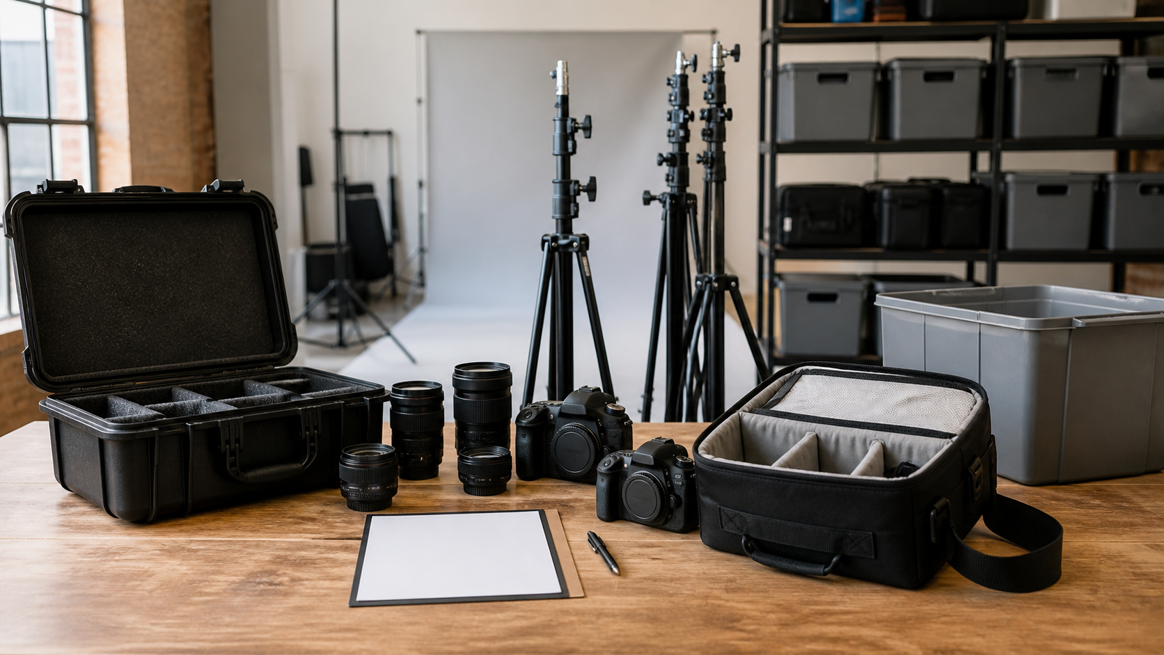Photography studio equipment organized for transition
