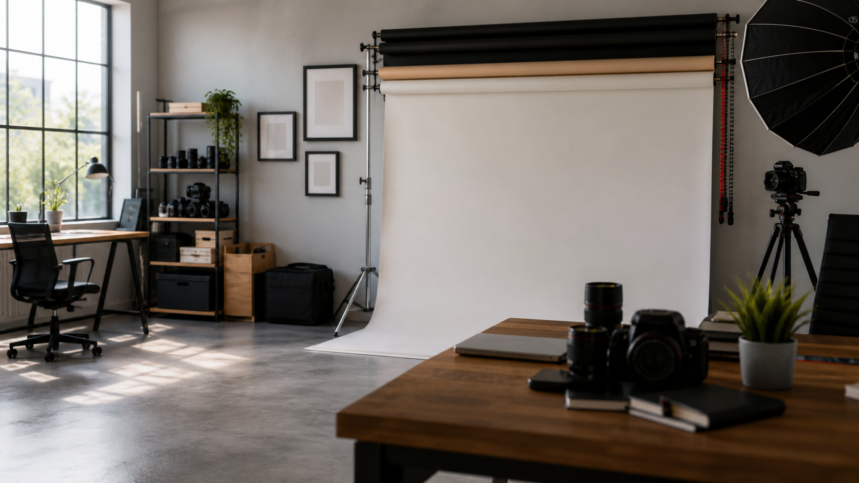 Organized photography studio prepared for transition