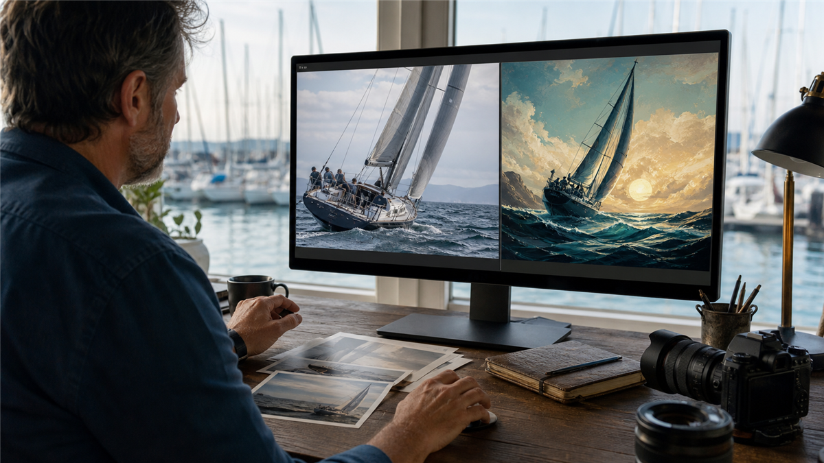 Sailing photo editor reviewing a documentary image and a clearly marked illustration concept at a marina desk