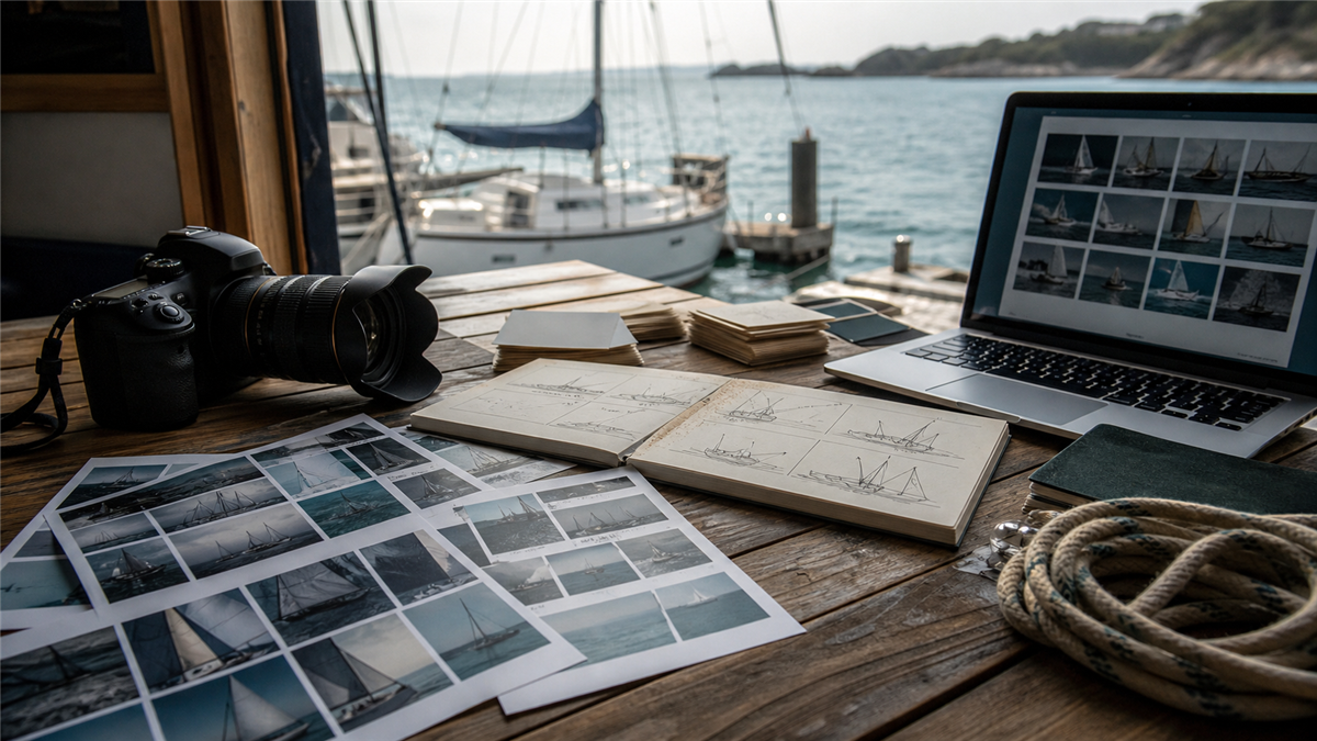 Photographer reviewing original sailing images and a storyboard before a story edit