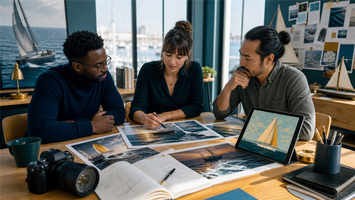 Small editorial team checking a maritime story layout with photographs and a separate concept illustration